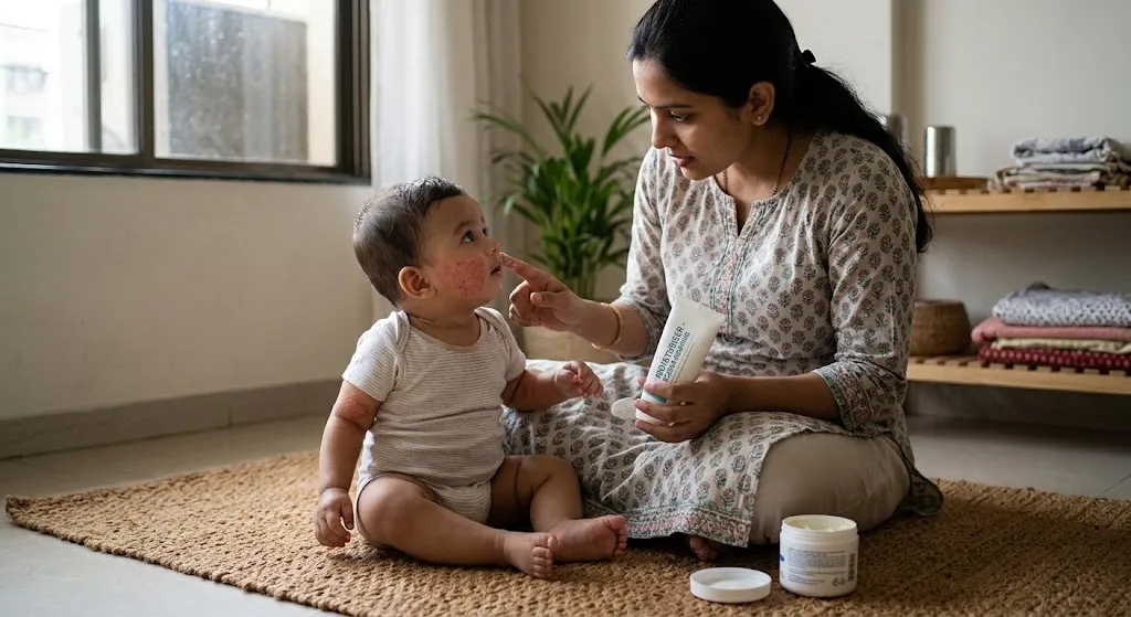 A close-up, natural light photograph in a home setting in India shows a mother, in a patterned saree, gently applying a white moisturizing cream from a small, unlabeled tube to a patch of red, slightly dry eczema-prone skin on her baby's arm. The mother has a caring expression; the baby is looking towards her. An open bottle and jar of moisturizer are near them on a soft mat.