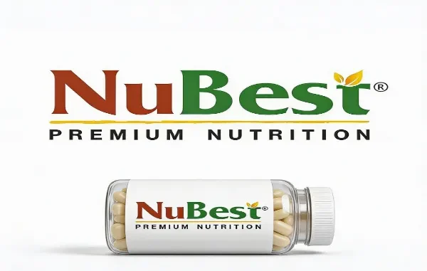 NuBest Premium Nutrition logo displayed above a clear supplement bottle filled with capsules.
