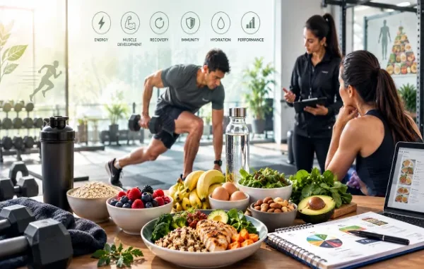 A selection of healthy foods, including berries, oats, eggs, and a meal bowl, arranged on a table in front of people training and consulting in a gym setting.