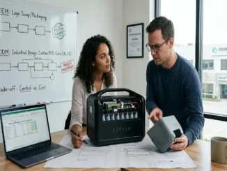 Two product developers sitting at a desk with a portable power station, technical blueprints, and a laptop spreadsheet, in front of a whiteboard explaining OEM vs ODM pathways.