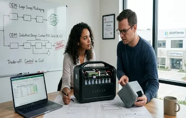 Two product developers sitting at a desk with a portable power station, technical blueprints, and a laptop spreadsheet, in front of a whiteboard explaining OEM vs ODM pathways.