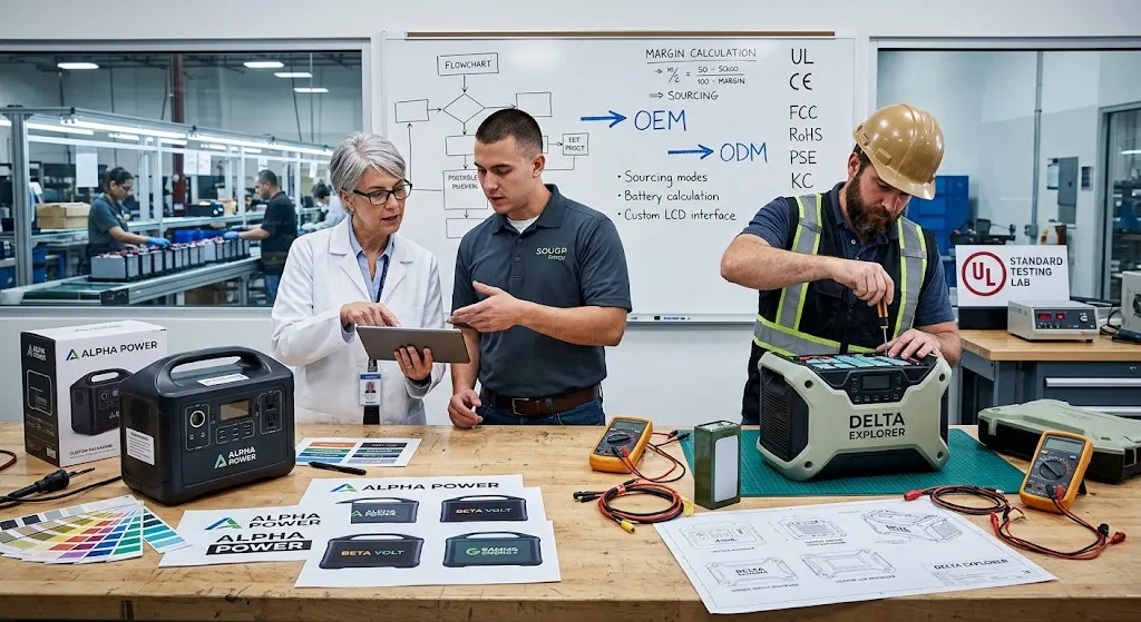 An engineer and two brand managers inside a modern manufacturing facility, comparing OEM custom branding materials for portable power stations on the left side of a work table against a custom-built, open-chassis ODM power station prototype on the right, in front of a whiteboard detailing technical specifications and certification standards.