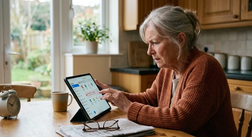 An older woman sitting at a kitchen table, looking closely with a puzzled expression at a tablet showing small text and complex screen controls.
