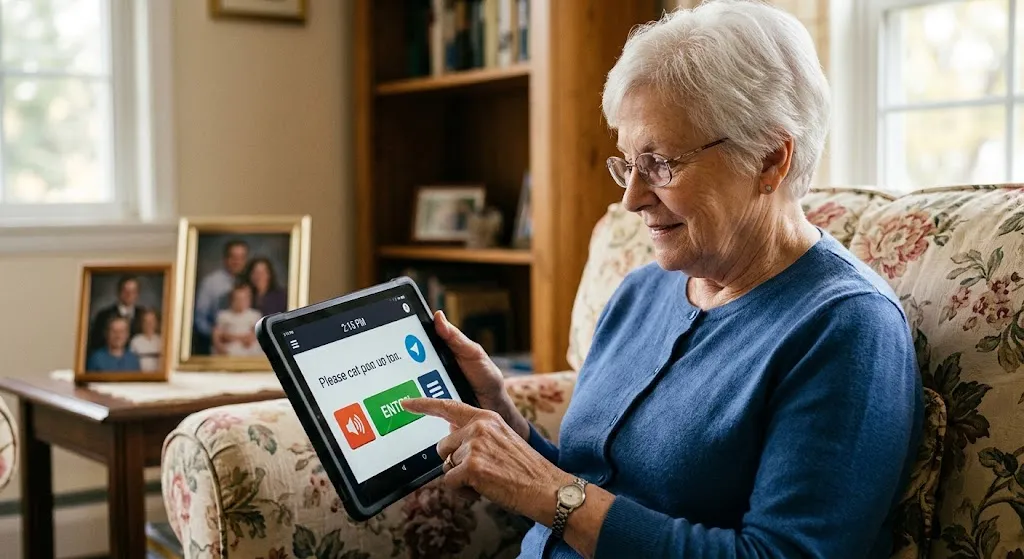 An older woman with glasses sitting comfortably on a floral armchair in a living room, smiling as she effortlessly uses a digital tablet with large, high-contrast, accessible buttons and clear text.