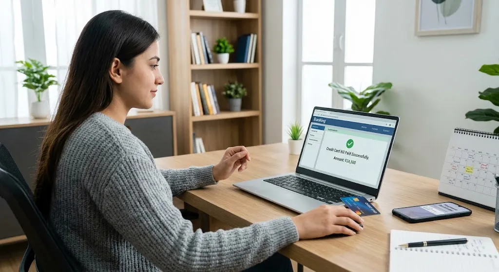 A woman at her desk viewing a successful credit card bill payment confirmation on her laptop screen, with a credit card, desktop calendar, and smartphone nearby.