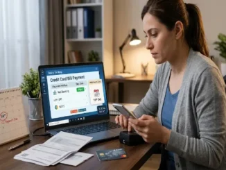 A woman sits at a desk, looking at her phone, with a laptop displaying an 'Online Banking' credit card payment dashboard. A desk calendar nearby marks a 'Payment Due' date, alongside physical bills and a credit card.