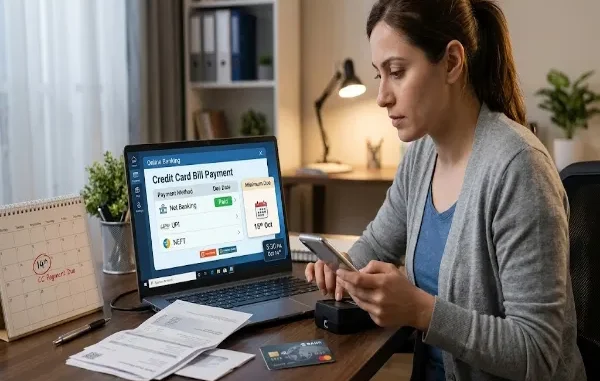 A woman sits at a desk, looking at her phone, with a laptop displaying an 'Online Banking' credit card payment dashboard. A desk calendar nearby marks a 'Payment Due' date, alongside physical bills and a credit card.