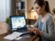 A woman sits at a desk, looking at her phone, with a laptop displaying an 'Online Banking' credit card payment dashboard. A desk calendar nearby marks a 'Payment Due' date, alongside physical bills and a credit card.