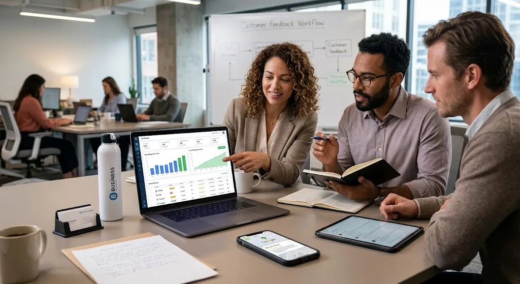 A diverse marketing team collaborating around a laptop displaying an online reputation management dashboard with star ratings, customer feedback metrics, and growth charts in a modern office setting.
