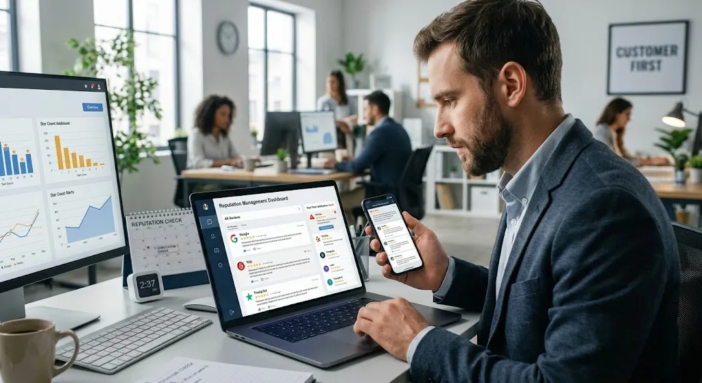 A business manager using a laptop to monitor a centralized review dashboard with customer feedback and star ratings, holding a smartphone in an office setting.
