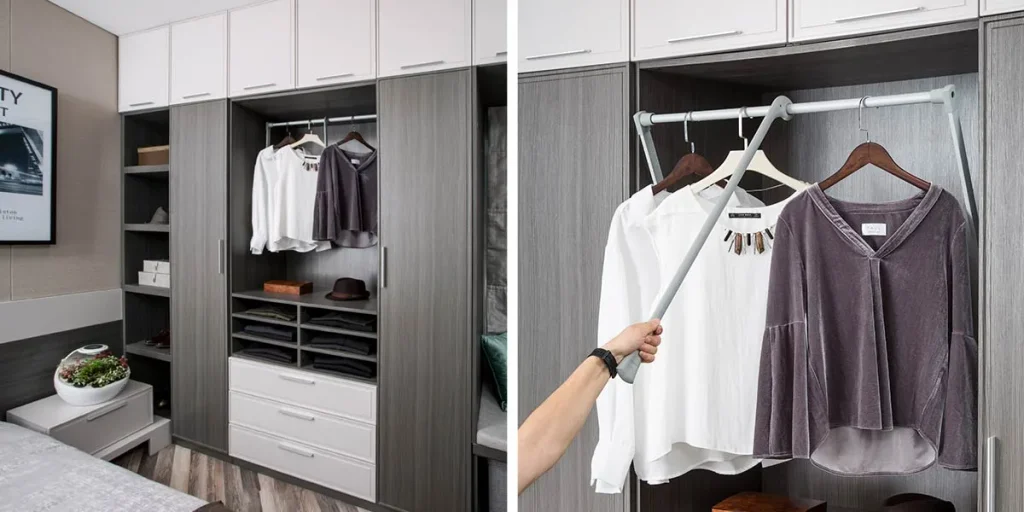 A split-image view of a modern OPPEIN smart custom wardrobe featuring dark wood and white finishes, showcasing an integrated pull-down clothes hanging rod system for accessible interior storage planning.