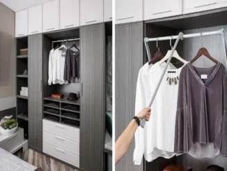 A side-by-side view of an OPPEIN smart custom wardrobe, showing a full white and gray closet system on the left and a close-up of a hand pulling down a smart clothing hanging rod on the right.