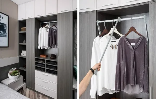 A side-by-side view of an OPPEIN smart custom wardrobe, showing a full white and gray closet system on the left and a close-up of a hand pulling down a smart clothing hanging rod on the right.