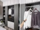 A side-by-side view of an OPPEIN smart custom wardrobe, showing a full white and gray closet system on the left and a close-up of a hand pulling down a smart clothing hanging rod on the right.