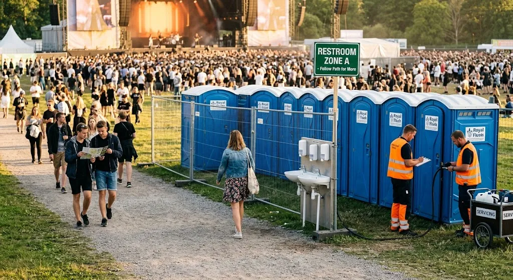 A row of clean blue portable toilets and double-sided handwashing stations set up in a zoned area at a multi-day outdoor festival, featuring directional signage, clear walking paths, and service crew maintaining the units.
