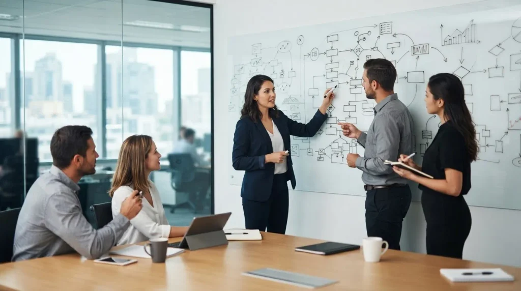 Business professionals discussing a confusing, dense flowchart on a glass whiteboard during a process mapping meeting.
