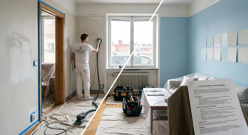 Split-screen visual of an interior residential painting project, showing wall patching and dust-controlled sanding preparation on the left alongside a fully painted blue room with a written detailed estimate, color swatches, and surface protection on the right.