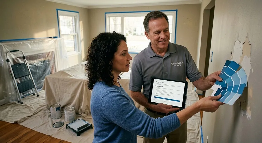 A professional contractor showing blue paint swatches and a project scope tablet to a homeowner in a room prepared with drop cloths and painter's tape.