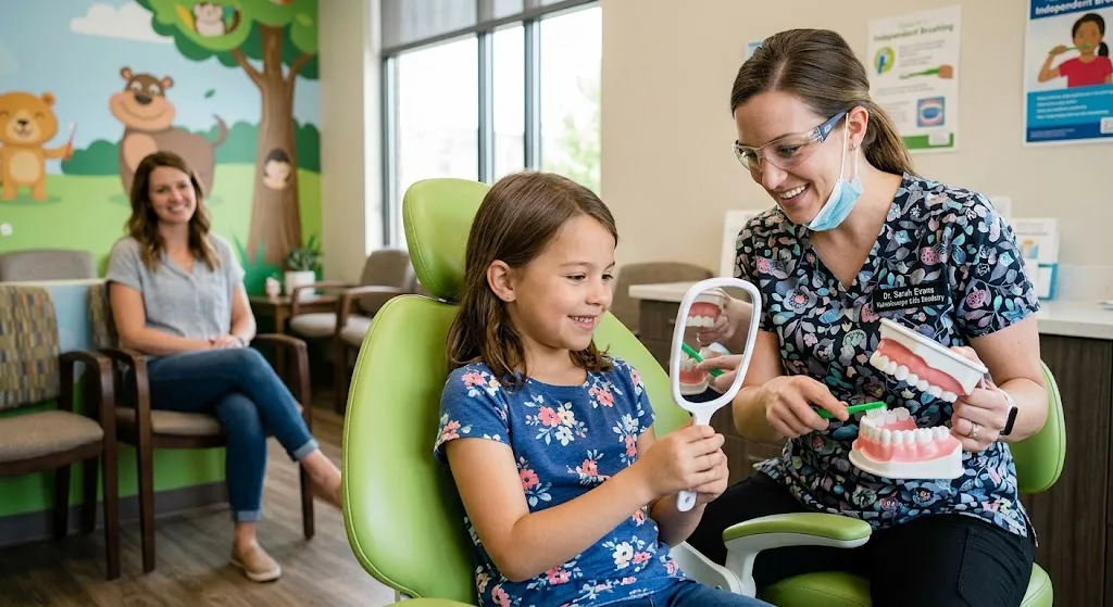 A friendly pediatric dentist showing a young girl how to brush using a tooth model and mirror, with a parent smiling in the background.