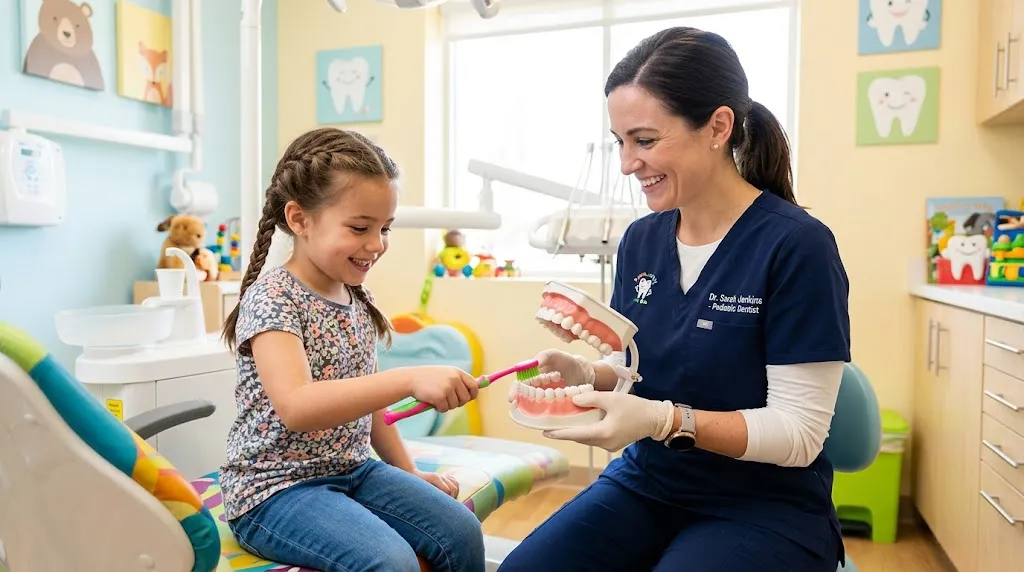 A friendly pediatric dentist holding a tooth model while guiding a young girl as she practices brushing with a toothbrush in a bright, modern clinic.