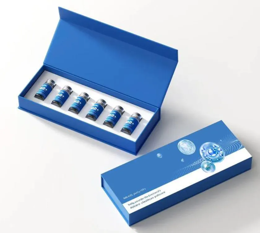 A product photograph of a royal blue peptide kit. Six vials labeled 'MD+' are shown inside an open presentation box with a white tray, and a closed matching outer box sits beside it.