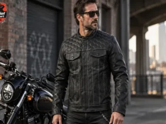 A male rider wears a black leather motorcycle jacket with distinct white stitching, showcasing a panel with a hexagonal quilted or perforated pattern on the chest and shoulders, with a cruiser motorcycle in the background.