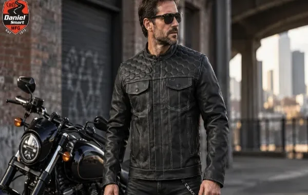 A male rider wears a black leather motorcycle jacket with distinct white stitching, showcasing a panel with a hexagonal quilted or perforated pattern on the chest and shoulders, with a cruiser motorcycle in the background.