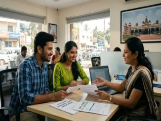 A young South Indian couple sitting at a financial officer's desk in a modern Mysore bank branch, discussing a personal loan application.