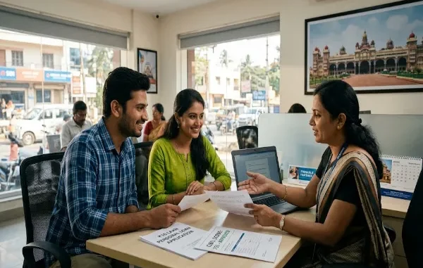 A young South Indian couple sitting at a financial officer's desk in a modern Mysore bank branch, discussing a personal loan application.