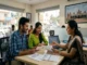 A young South Indian couple sitting at a financial officer's desk in a modern Mysore bank branch, discussing a personal loan application.