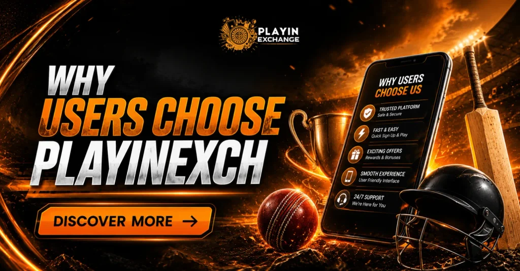Promotional banner for Playinexch online gaming, displaying cricket gear (ball, bat, helmet) beside a smartphone that lists user benefits such as security, speed, and rewards.