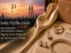 A collection of Prachha Jewels lab-grown diamond jewellery, including a ring, necklace, bracelet, and earrings, displayed on gold silk beside an IGI report card and branded box against a Surat skyline backdrop.