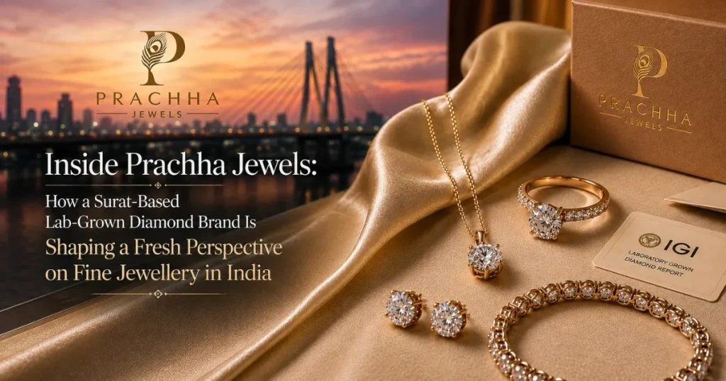 Prachha Jewels lab-grown diamond collection - gold necklace, earrings, ring and tennis bracelet with IGI certificate, Surat skyline