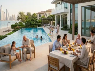 A multi-generational family enjoying a meal and relaxing on a luxury waterfront villa terrace with an infinity pool and the Dubai skyline in the background.