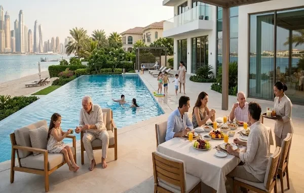 A multi-generational family enjoying a meal and relaxing on a luxury waterfront villa terrace with an infinity pool and the Dubai skyline in the background.
