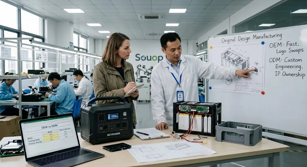 An entrepreneur and a factory engineer reviewing portable power station designs inside a manufacturing facility, comparing an OEM model on a table next to an open ODM battery prototype, blueprints, and a whiteboard outlining OEM vs. ODM specifications.