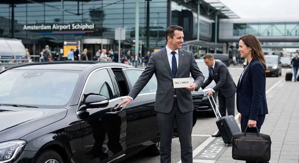 A professionally dressed chauffeur holding a door open and welcoming a business traveler beside a black luxury Mercedes sedan at Amsterdam Airport Schiphol.