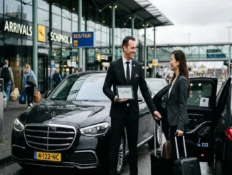 A professional chauffeur in a suit holding a greeting sign and opening a black luxury sedan door for a smiling business traveler outside Amsterdam Airport Schiphol arrivals.