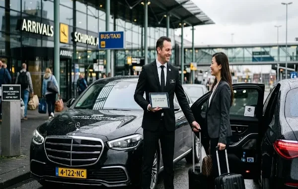 A professional chauffeur in a suit holding a greeting sign and opening a black luxury sedan door for a smiling business traveler outside Amsterdam Airport Schiphol arrivals.