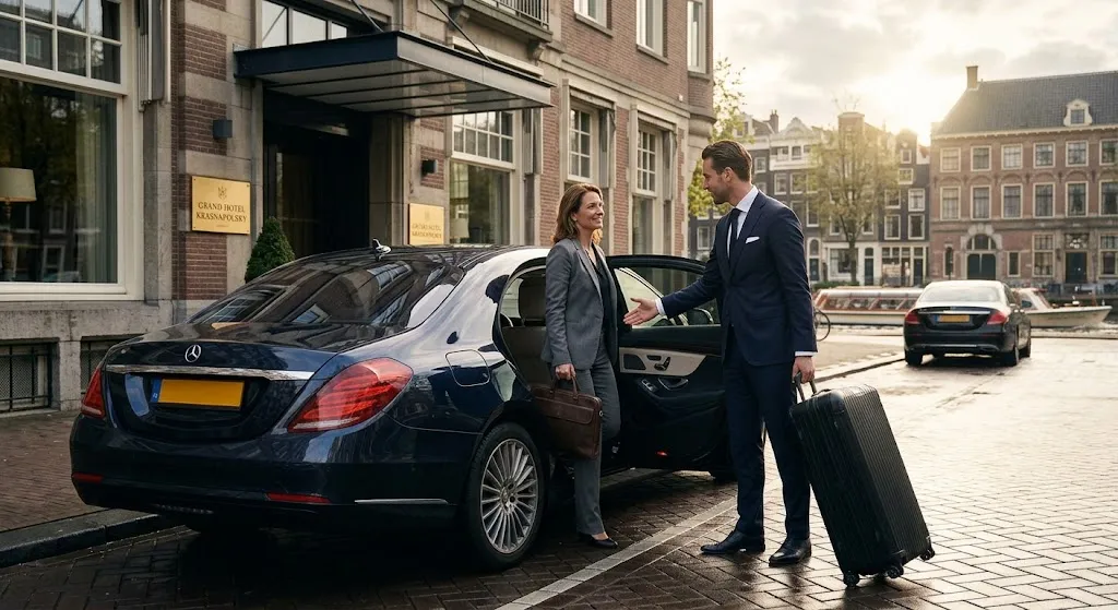 A professionally dressed private driver opening a luxury black sedan door for a business traveler outside a grand hotel in Amsterdam, assisting with her luggage next to a canal.