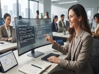 A professional woman sitting at a desk in a bright office, using her finger to point at a widescreen computer monitor displaying structured AI prompt frameworks and text outputs.