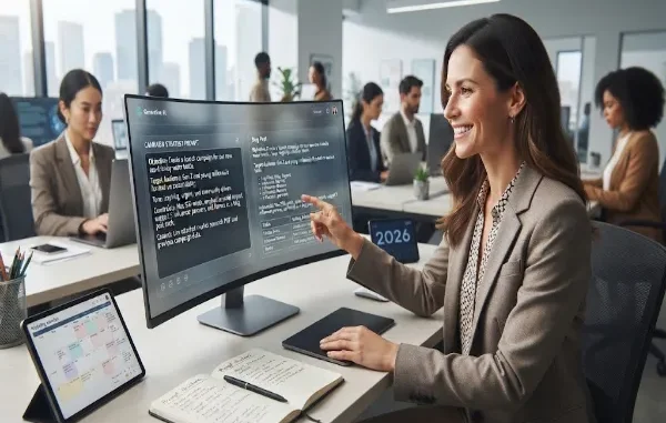 A professional woman sitting at a desk in a bright office, using her finger to point at a widescreen computer monitor displaying structured AI prompt frameworks and text outputs.