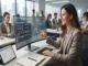 A professional woman sitting at a desk in a bright office, using her finger to point at a widescreen computer monitor displaying structured AI prompt frameworks and text outputs.