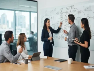 A corporate team standing around a large whiteboard filled with an overly complex, chaotic flowchart during a strategy session.