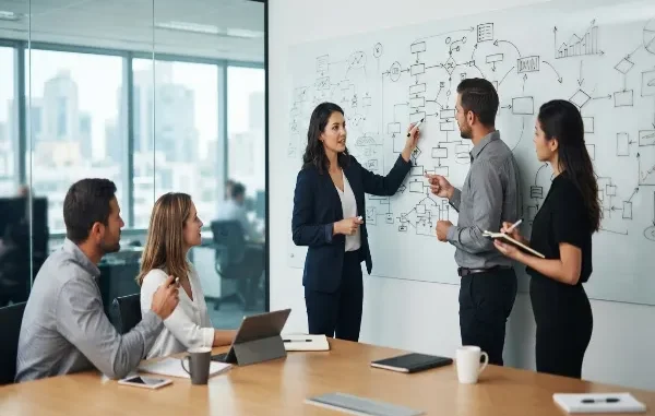 A corporate team standing around a large whiteboard filled with an overly complex, chaotic flowchart during a strategy session.