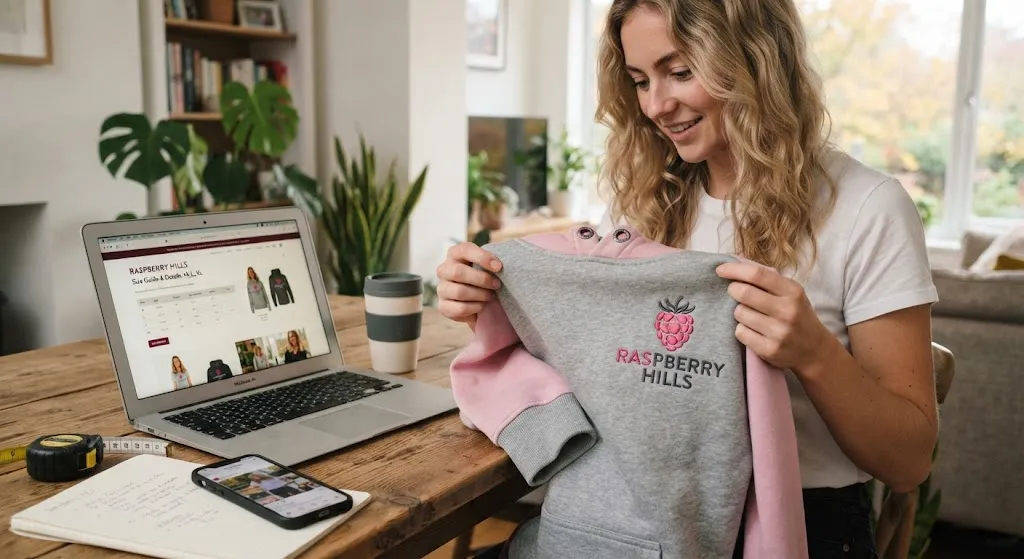 A woman sitting at a wooden desk at home, reviewing a grey and pink Raspberry Hills hoodie while comparing size charts and product details on an open laptop.