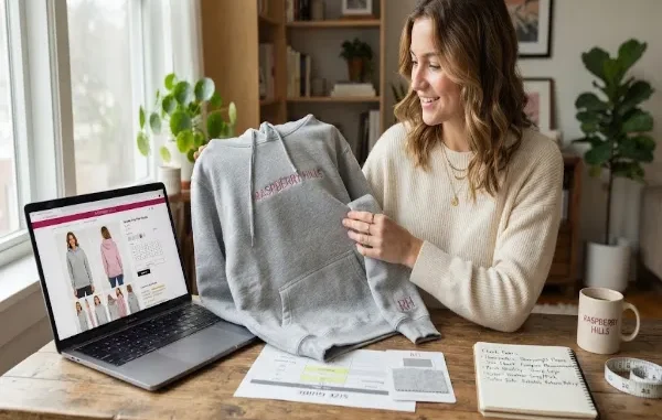 A woman sitting at a wooden desk comparing a grey Raspberry Hills hoodie to an online product page on her laptop while reviewing a size chart and fabric swatch.