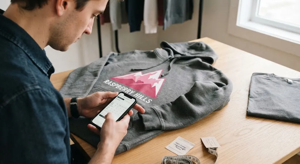A man reviewing a size chart on his smartphone while checking a grey and pink Raspberry Hills hoodie laid out on a wooden table alongside a tape measure and a folded t-shirt.