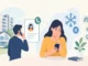 Flat vector illustration of a real estate agent making a phone call while a potential client sits disengaged at a desk, symbolizing cold real estate leads in India.