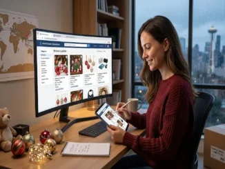 A smiling woman sitting at a desk in her home office using a desktop monitor and tablet to browse Chinese factory suppliers on an online wholesale marketplace.